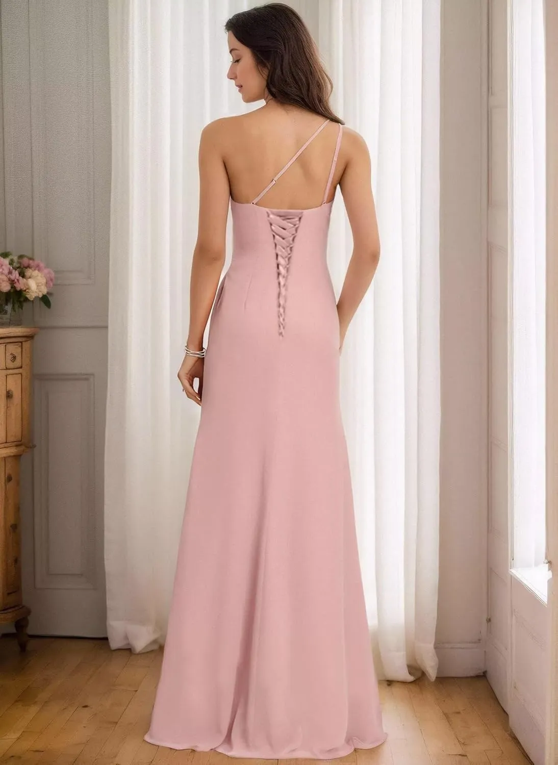 Women's One Shoulder Bridesmaid Dresses for Wedding A-Line Chiffon Formal Gowns Evening Party Dresses Side Slit