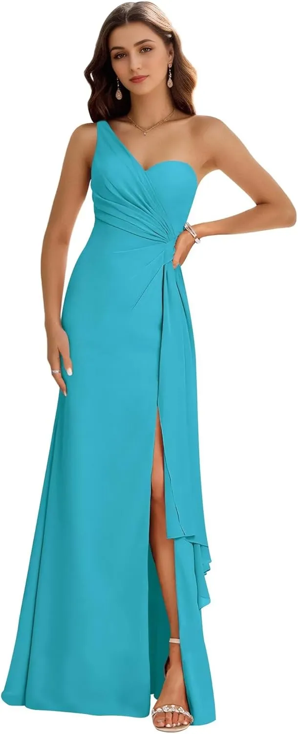 Women's One Shoulder Bridesmaid Dresses for Wedding A-Line Chiffon Formal Gowns Evening Party Dresses Side Slit