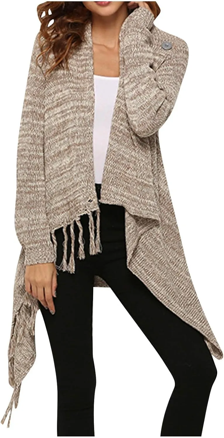 Womens Open Front Knitted Tassels Slash Loose Cardigan Fall Fashion Crew Neck Cover Up Soft Sweater Outwear Cloak
