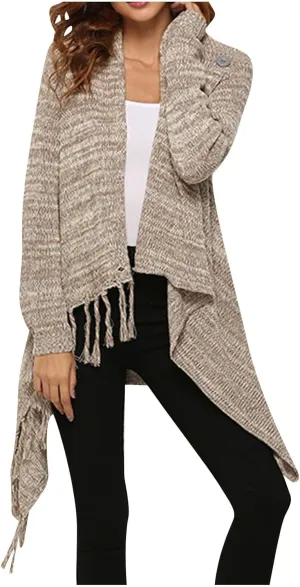 Womens Open Front Knitted Tassels Slash Loose Cardigan Fall Fashion Crew Neck Cover Up Soft Sweater Outwear Cloak