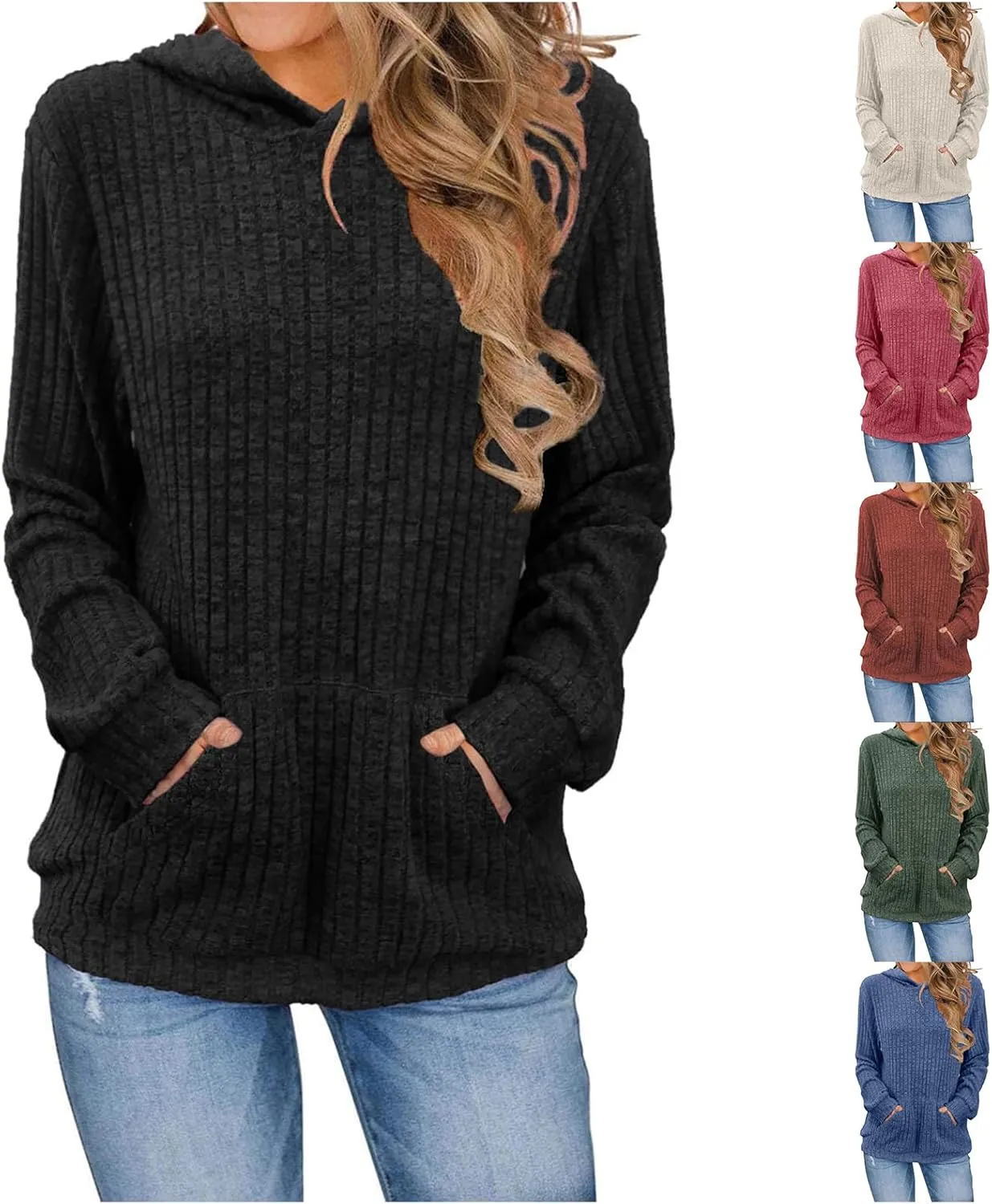 Womens Oversized Hoodies Casual Long Sleeve with Kangaroo Pocket Fall Fashion Waffle Knit Pullover Sweatshirts Tops