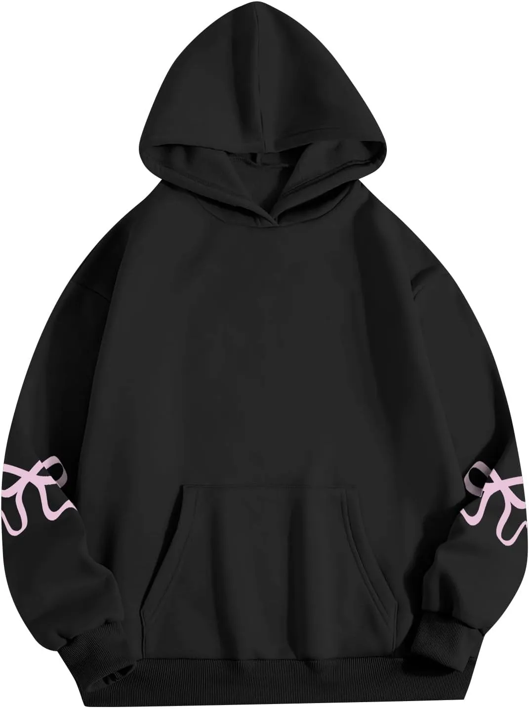 Womens Oversized Hoodies Cute Bow Trim Print Fleece Hoodies Preppy Long Sleeve Hooded Graphic Sweatshirts with Pocket