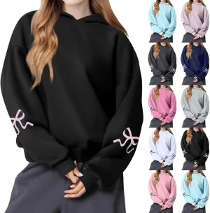 Womens Oversized Hoodies Cute Bow Trim Print Fleece Hoodies Preppy Long Sleeve Hooded Graphic Sweatshirts with Pocket
