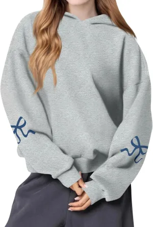 Womens Oversized Hoodies Cute Bow Trim Print Fleece Hoodies Preppy Long Sleeve Hooded Graphic Sweatshirts with Pocket