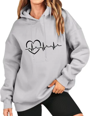 Women's Oversized Hoodies Fall Casual Long Sleeve Drawstring Blouse Tee Trendy Heart Print Solid Outdoor Comfy Pullover Tops