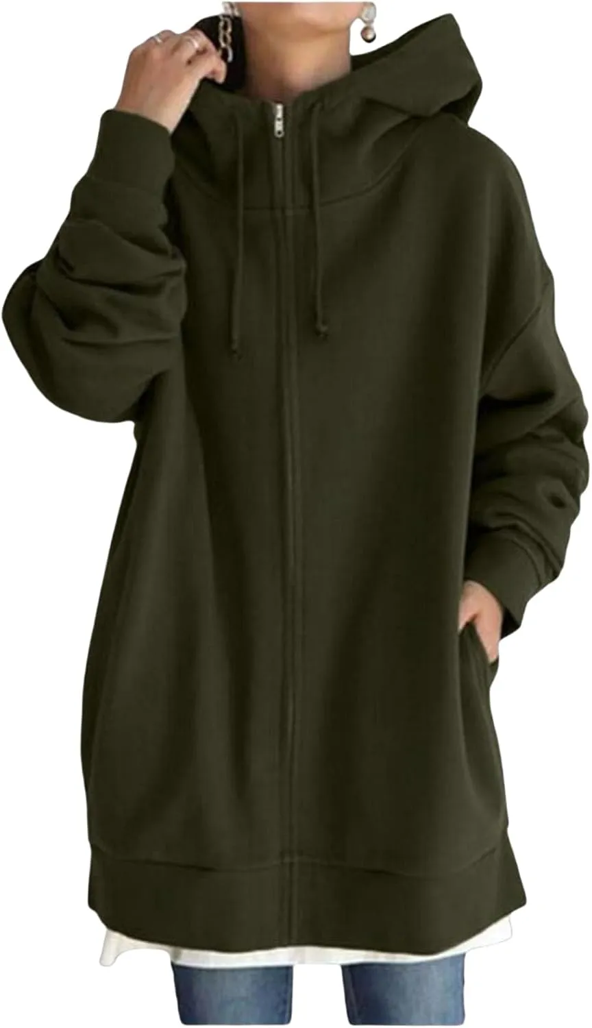 Womens Oversized Long Hoodies Zip Up Jacket Cowl Neck Long Sleeve Sweatshirt Fleece Loose Fit Fall Clothes