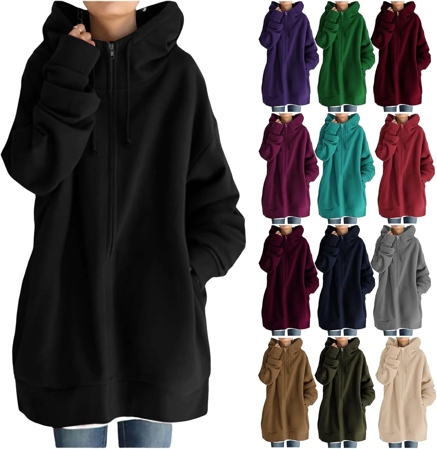 Womens Oversized Long Hoodies Zip Up Jacket Cowl Neck Long Sleeve Sweatshirt Fleece Loose Fit Fall Clothes