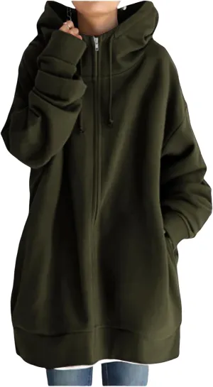 Womens Oversized Long Hoodies Zip Up Jacket Cowl Neck Long Sleeve Sweatshirt Fleece Loose Fit Fall Clothes