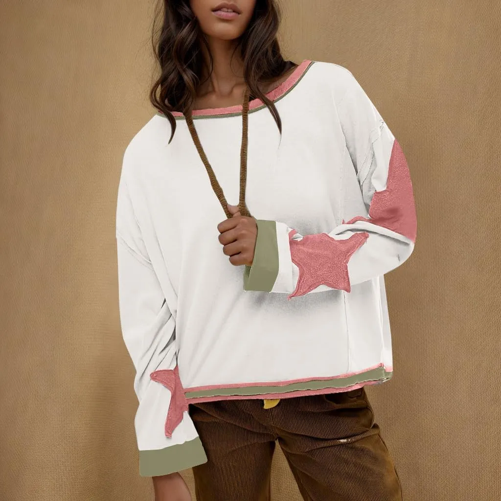 Women's Oversized Star Sweatshirt Long Sleeve Y2k Shirts Drop Shoulder Vintage Graphic Crewneck Jacket Preppy Clothes