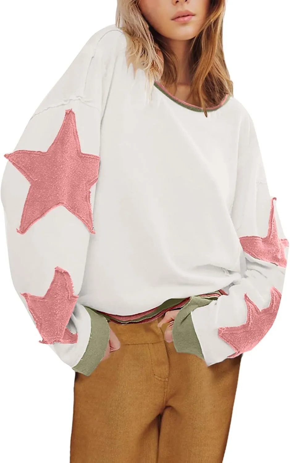 Women's Oversized Star Sweatshirt Long Sleeve Y2k Shirts Drop Shoulder Vintage Graphic Crewneck Jacket Preppy Clothes