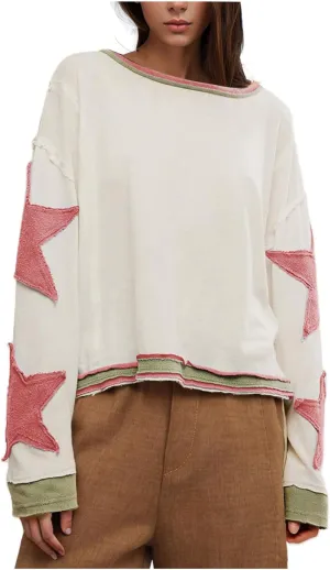Women's Oversized Star Sweatshirt Long Sleeve Y2k Shirts Drop Shoulder Vintage Graphic Crewneck Jacket Preppy Clothes