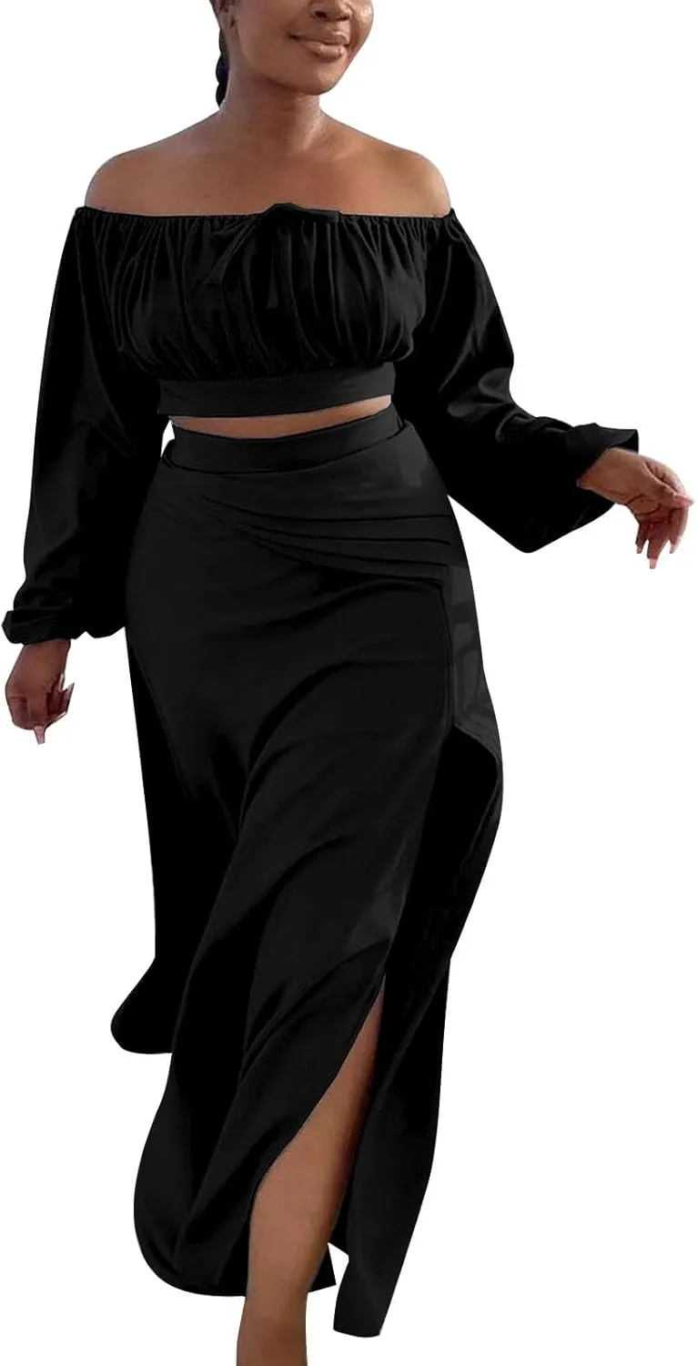 Women's Plus Size Basic Off Shoulder Suit Tube Top Sexy Strapless Side Slit Long Sleeve Two Piece Midi Club Dress