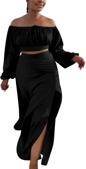 Women's Plus Size Basic Off Shoulder Suit Tube Top Sexy Strapless Side Slit Long Sleeve Two Piece Midi Club Dress