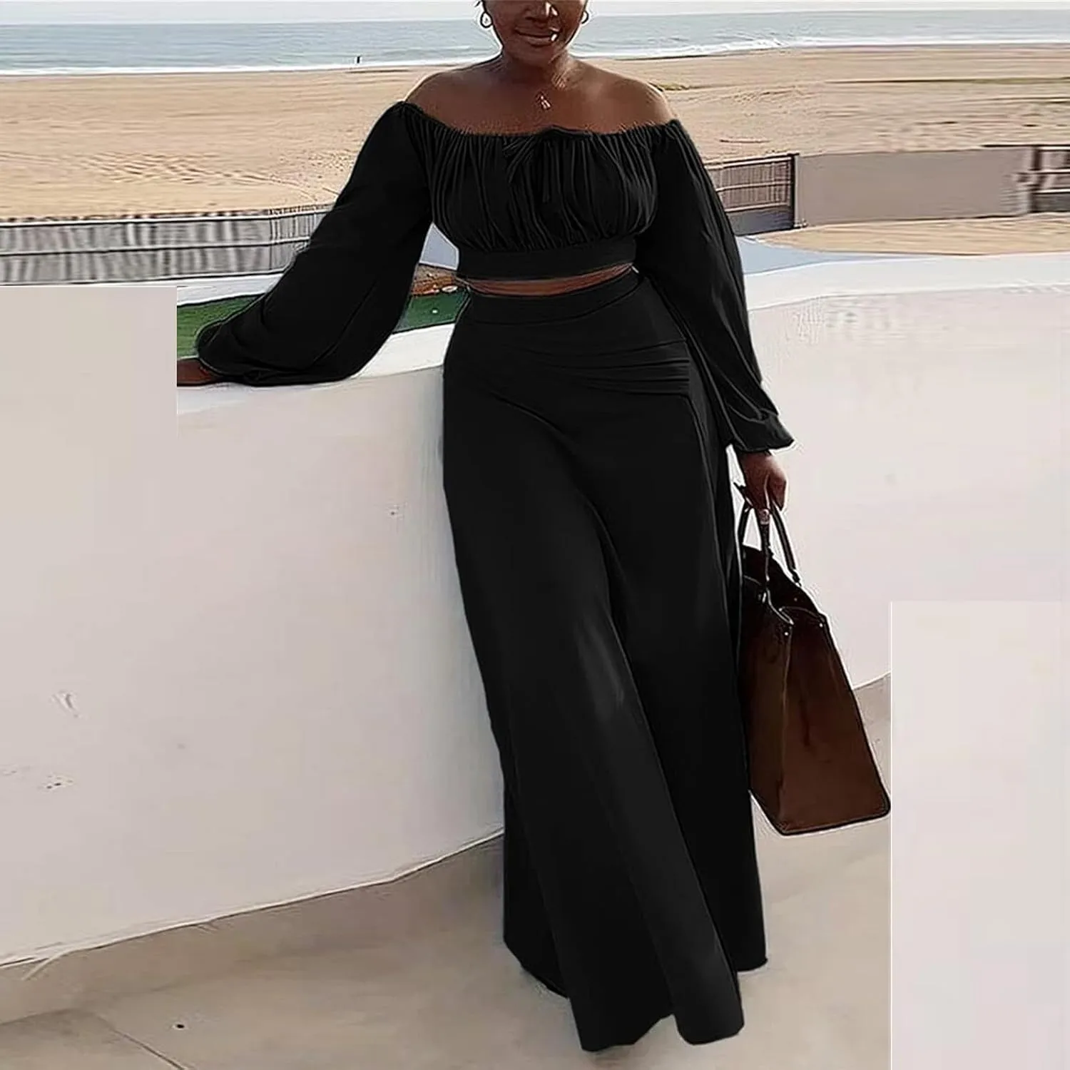 Women's Plus Size Basic Off Shoulder Suit Tube Top Sexy Strapless Side Slit Long Sleeve Two Piece Midi Club Dress