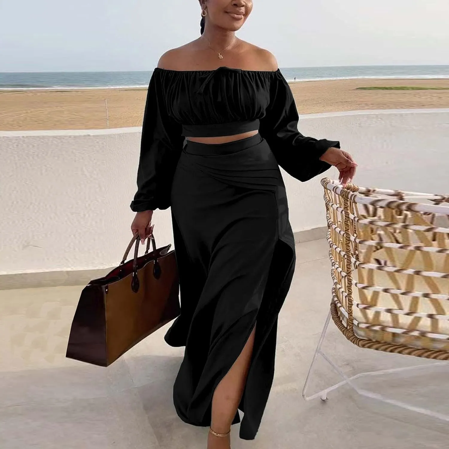 Women's Plus Size Basic Off Shoulder Suit Tube Top Sexy Strapless Side Slit Long Sleeve Two Piece Midi Club Dress