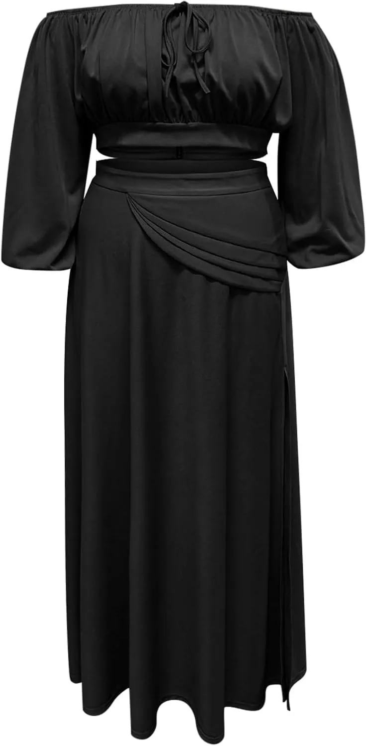Women's Plus Size Basic Off Shoulder Suit Tube Top Sexy Strapless Side Slit Long Sleeve Two Piece Midi Club Dress