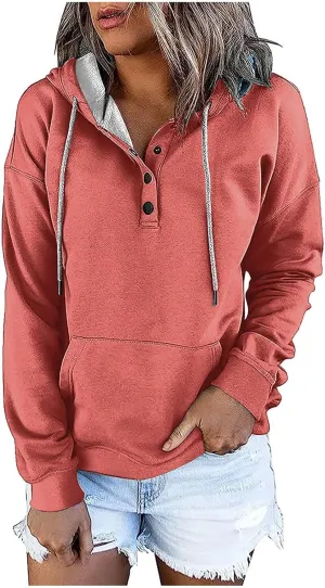 Womens Plus Size Hooded Tops Button-Up Collar Drawstring Hoodies Pullover Casual Solid Long Sleeve Sweatshirts