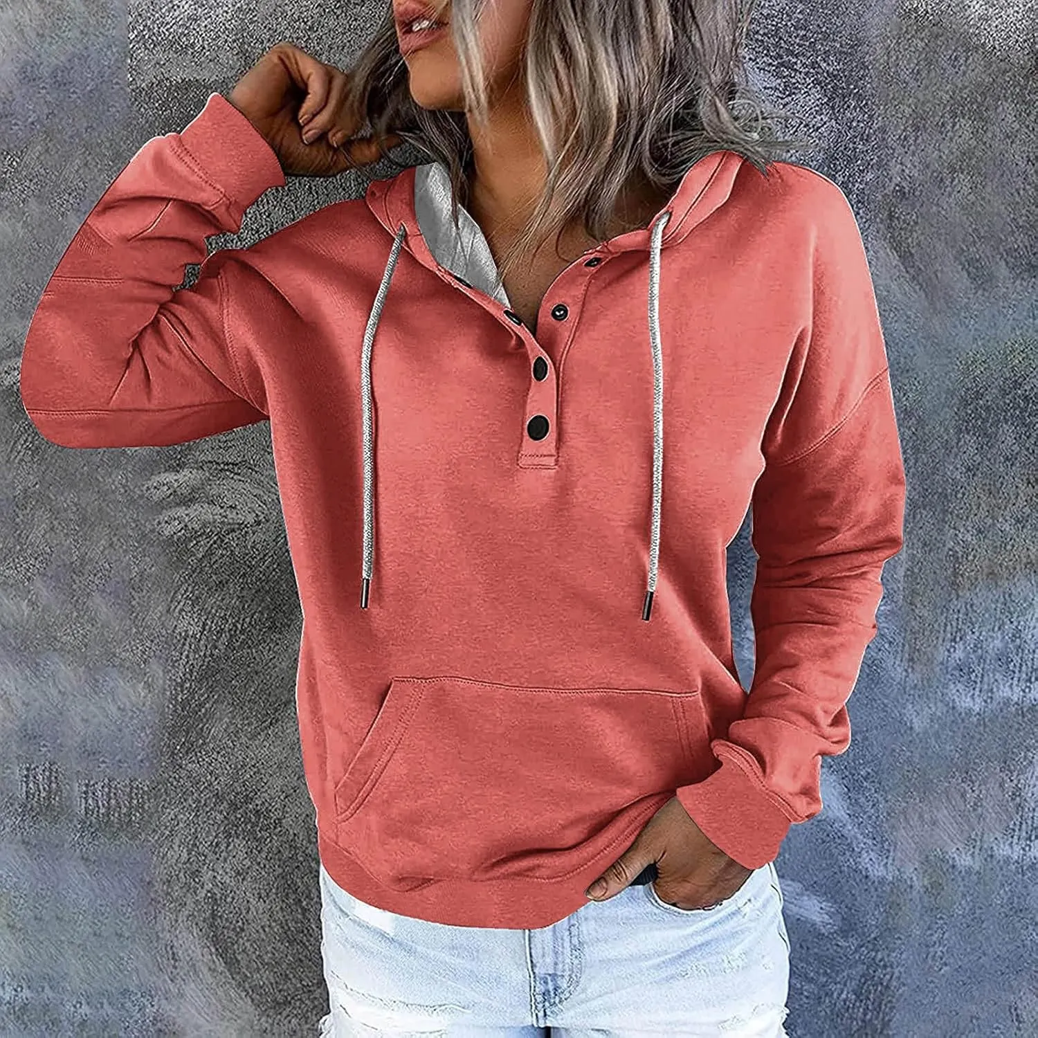 Womens Plus Size Hooded Tops Button-Up Collar Drawstring Hoodies Pullover Casual Solid Long Sleeve Sweatshirts