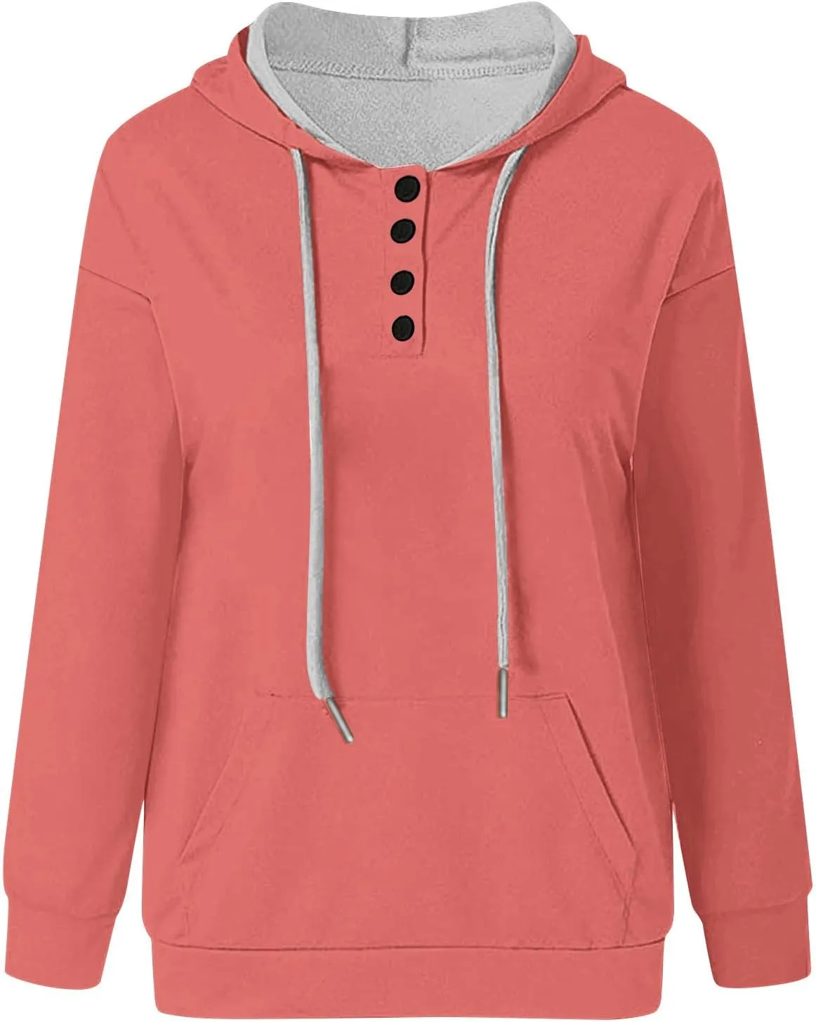 Womens Plus Size Hooded Tops Button-Up Collar Drawstring Hoodies Pullover Casual Solid Long Sleeve Sweatshirts
