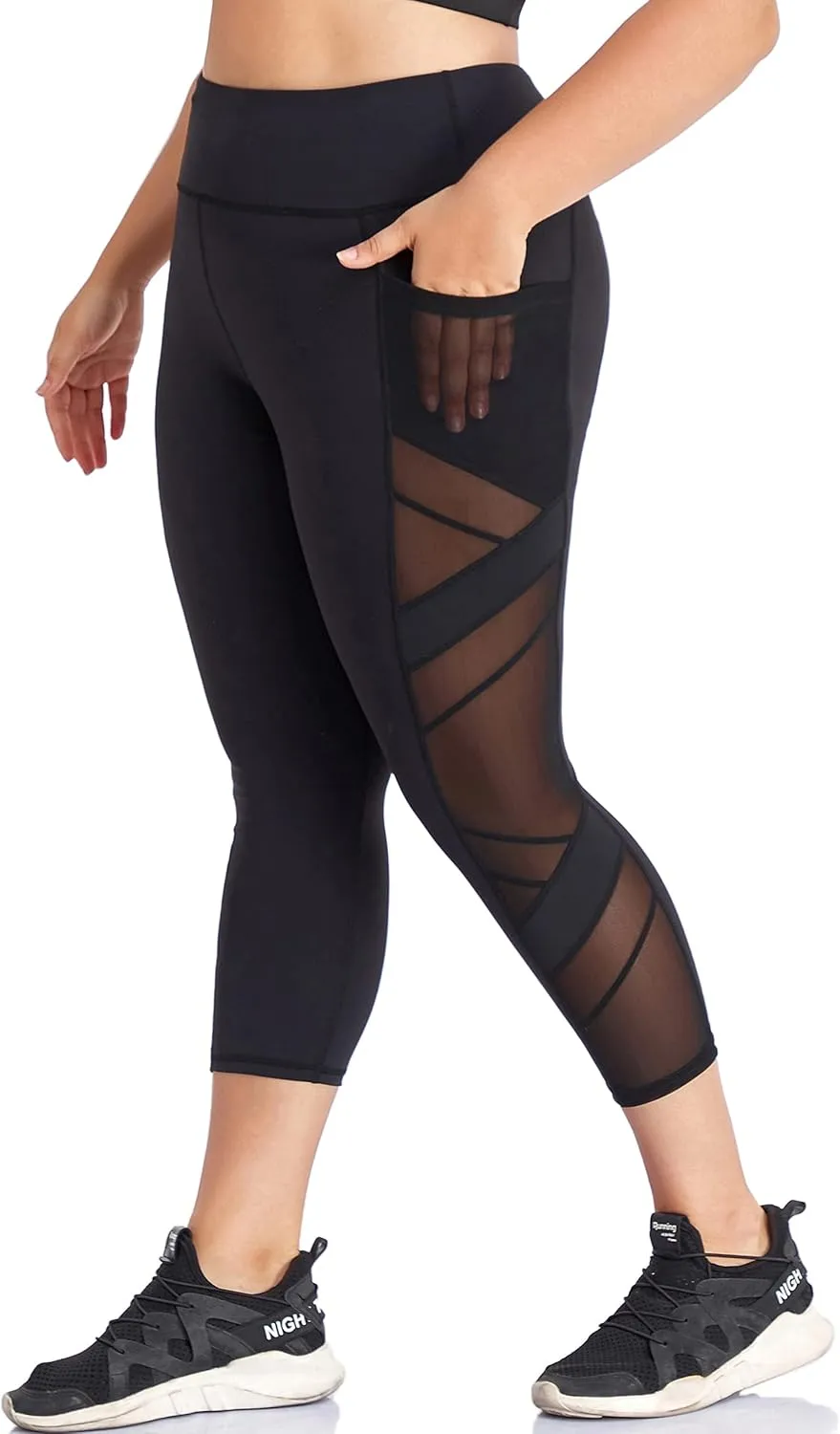 Women's Plus Size Leggings High Waisted Yoga Pants with Pockets Mesh Workout Leggings Tummy Control Running