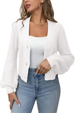 Womens Puff Sleeve Cardigan Long Sleeve Open Front Button Down Knit Sweaters