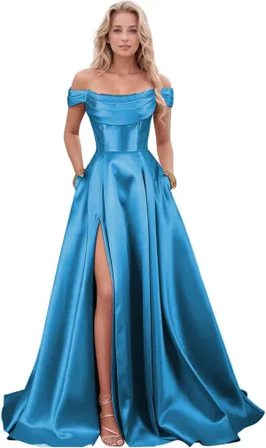 Women's Satin Prom Dresses with Slit Strapless A Line Corset Ball Gowns Off Shoulder Formal Evening Gowns with Pockets