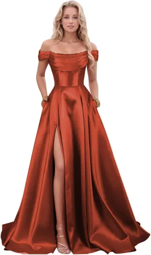 Women's Satin Prom Dresses with Slit Strapless A Line Corset Ball Gowns Off Shoulder Formal Evening Gowns with Pockets