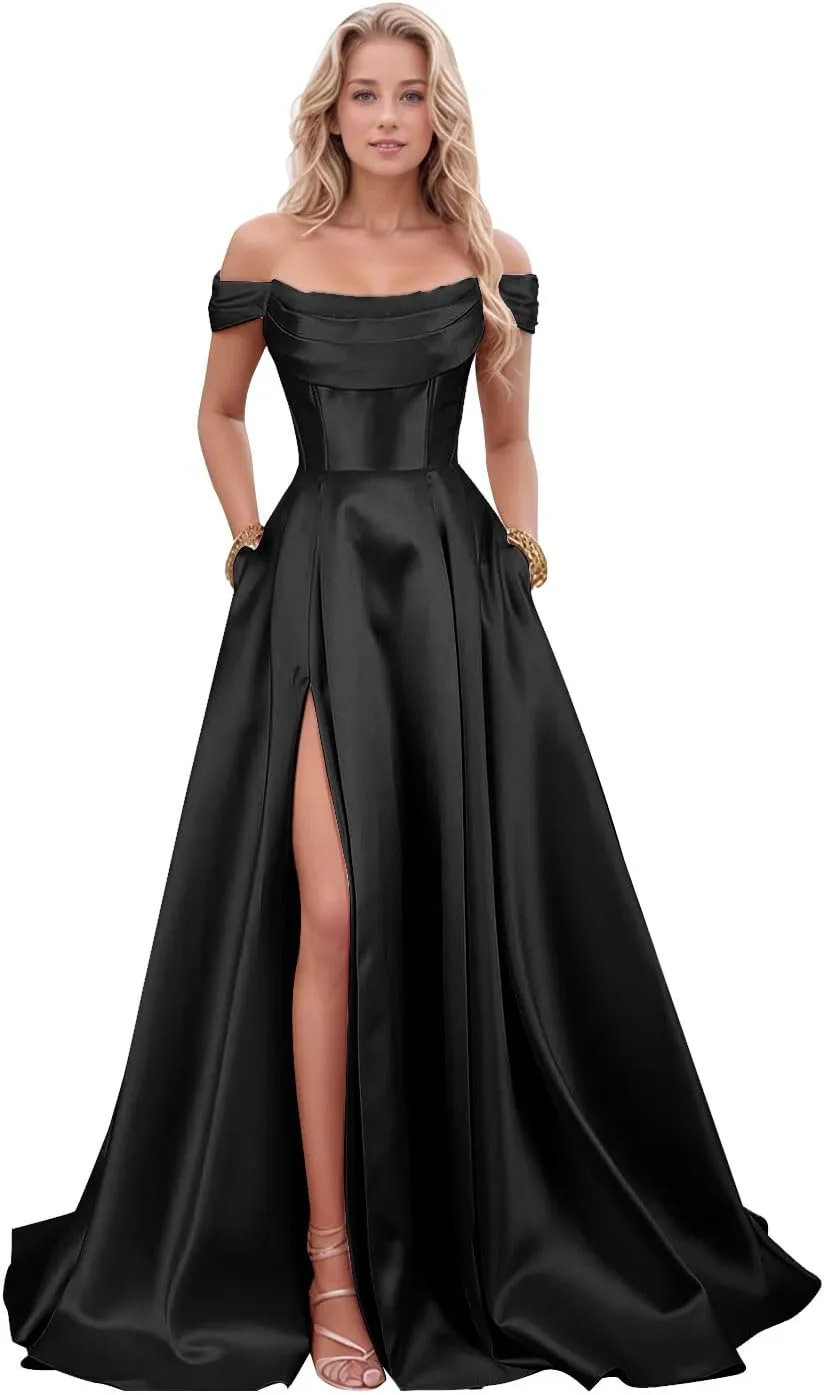 Women's Satin Prom Dresses with Slit Strapless A Line Corset Ball Gowns Off Shoulder Formal Evening Gowns with Pockets