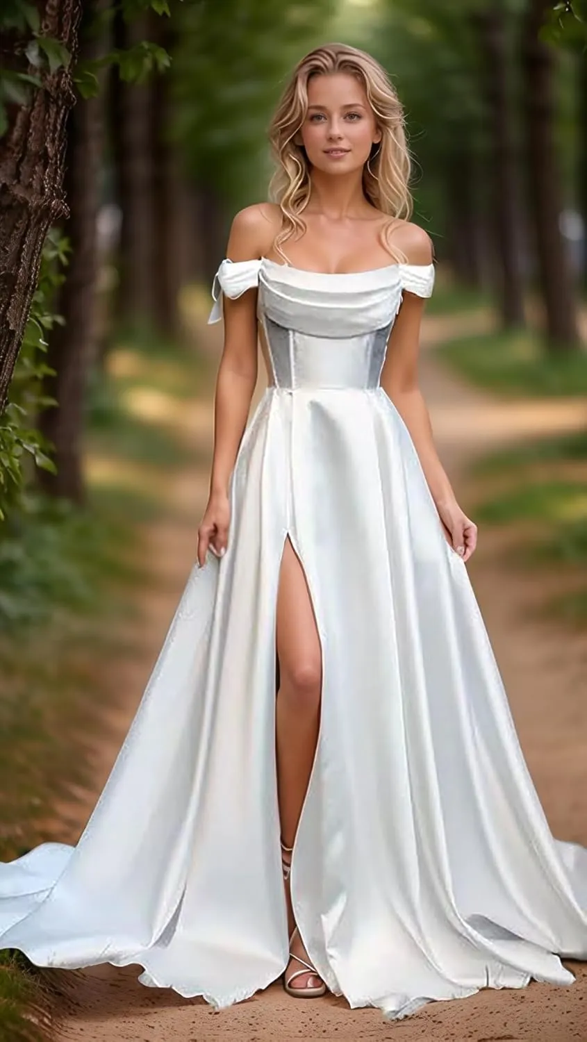 Women's Satin Prom Dresses with Slit Strapless A Line Corset Ball Gowns Off Shoulder Formal Evening Gowns with Pockets