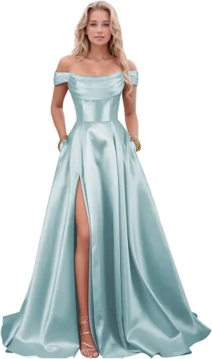Women's Satin Prom Dresses with Slit Strapless A Line Corset Ball Gowns Off Shoulder Formal Evening Gowns with Pockets