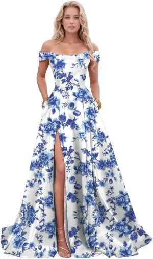 Women's Satin Prom Dresses with Slit Strapless A Line Corset Ball Gowns Off Shoulder Formal Evening Gowns with Pockets