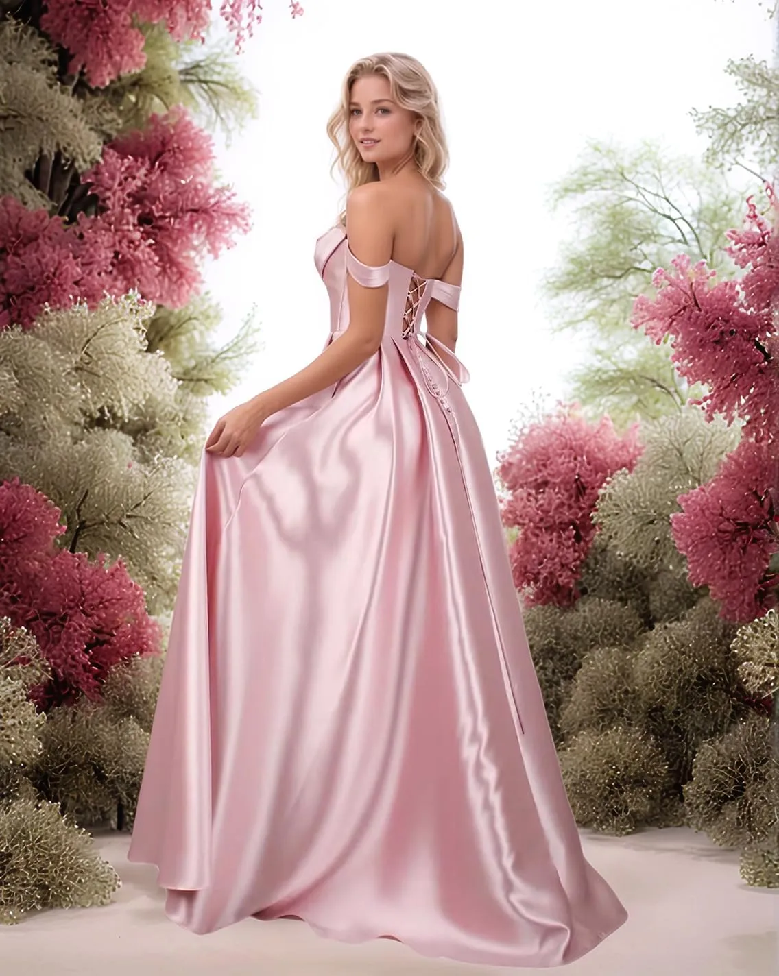 Women's Satin Prom Dresses with Slit Strapless A Line Corset Ball Gowns Off Shoulder Formal Evening Gowns with Pockets