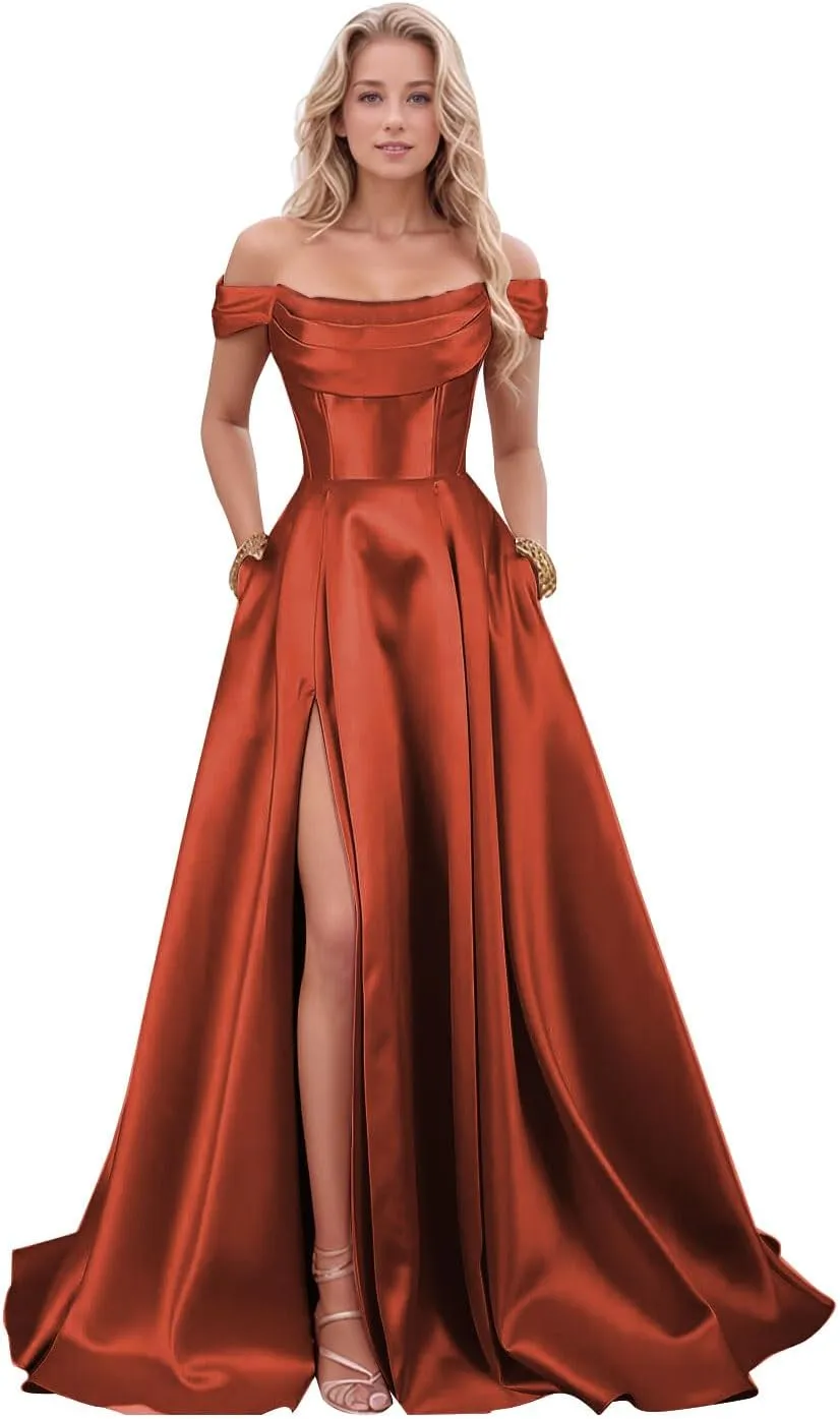 Women's Satin Prom Dresses with Slit Strapless A Line Corset Ball Gowns Off Shoulder Formal Evening Gowns with Pockets