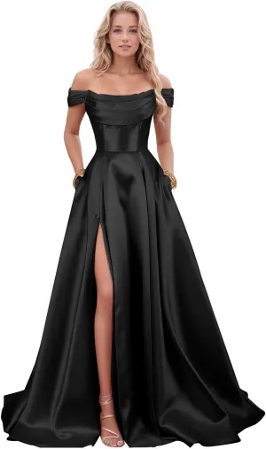 Women's Satin Prom Dresses with Slit Strapless A Line Corset Ball Gowns Off Shoulder Formal Evening Gowns with Pockets
