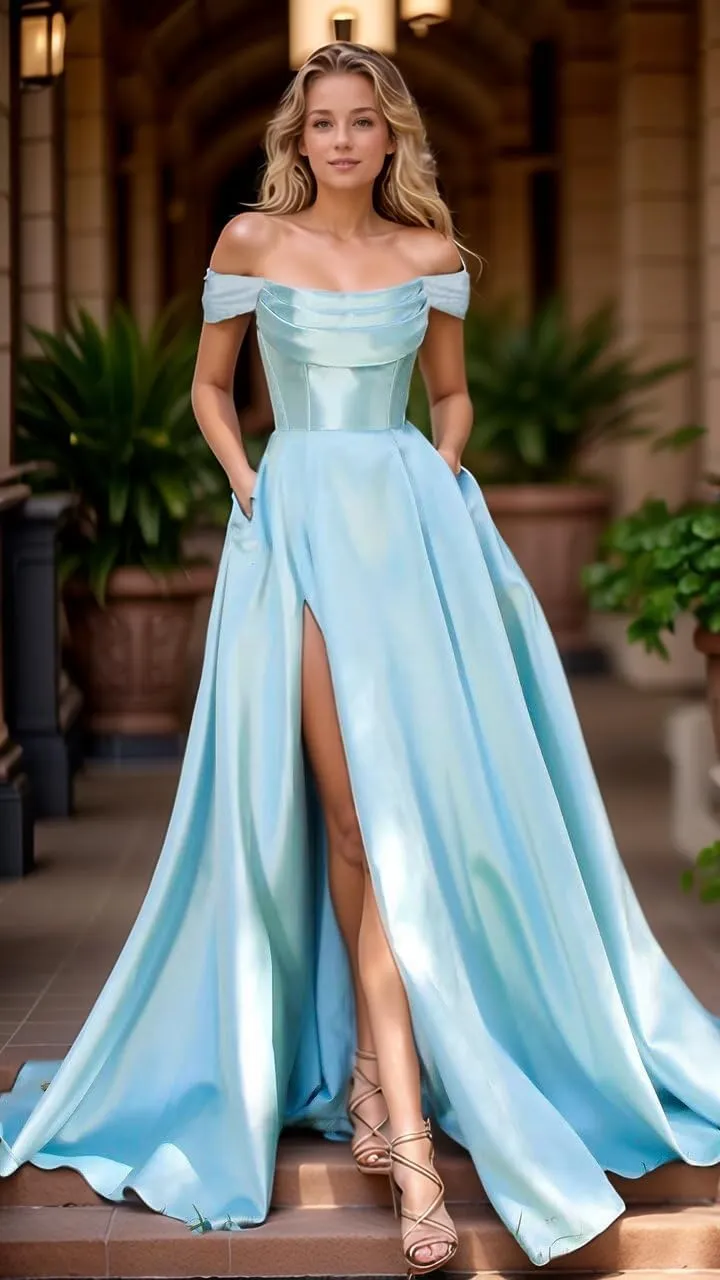 Women's Satin Prom Dresses with Slit Strapless A Line Corset Ball Gowns Off Shoulder Formal Evening Gowns with Pockets