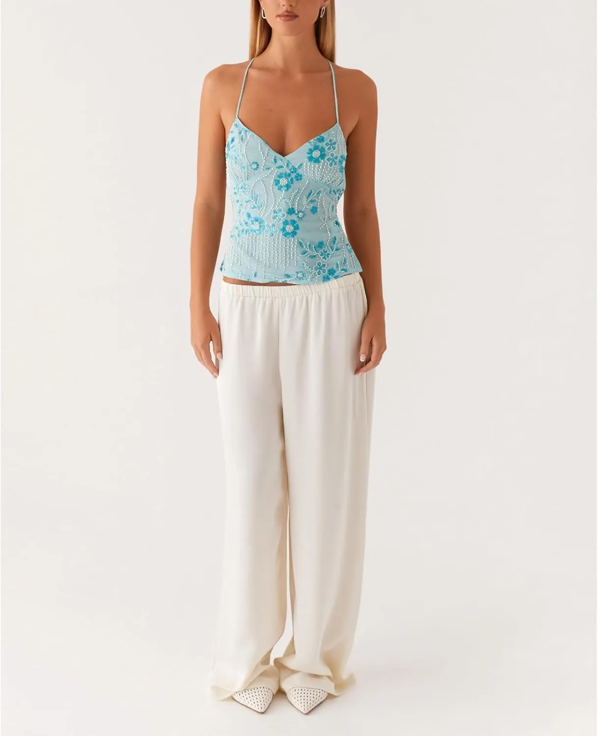 Womens Sequin Sparkle Halter Crop Tops Sexy Pearl Embellished Cami Tank Tops Y2k Bling Glitter Rhinestone Camisole