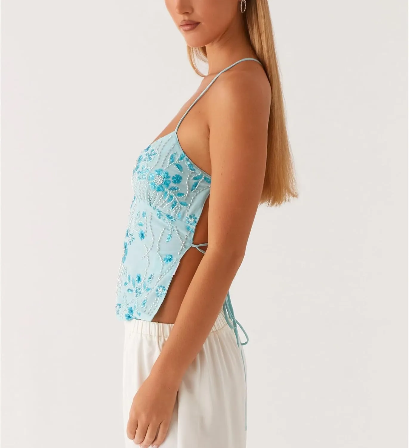 Womens Sequin Sparkle Halter Crop Tops Sexy Pearl Embellished Cami Tank Tops Y2k Bling Glitter Rhinestone Camisole