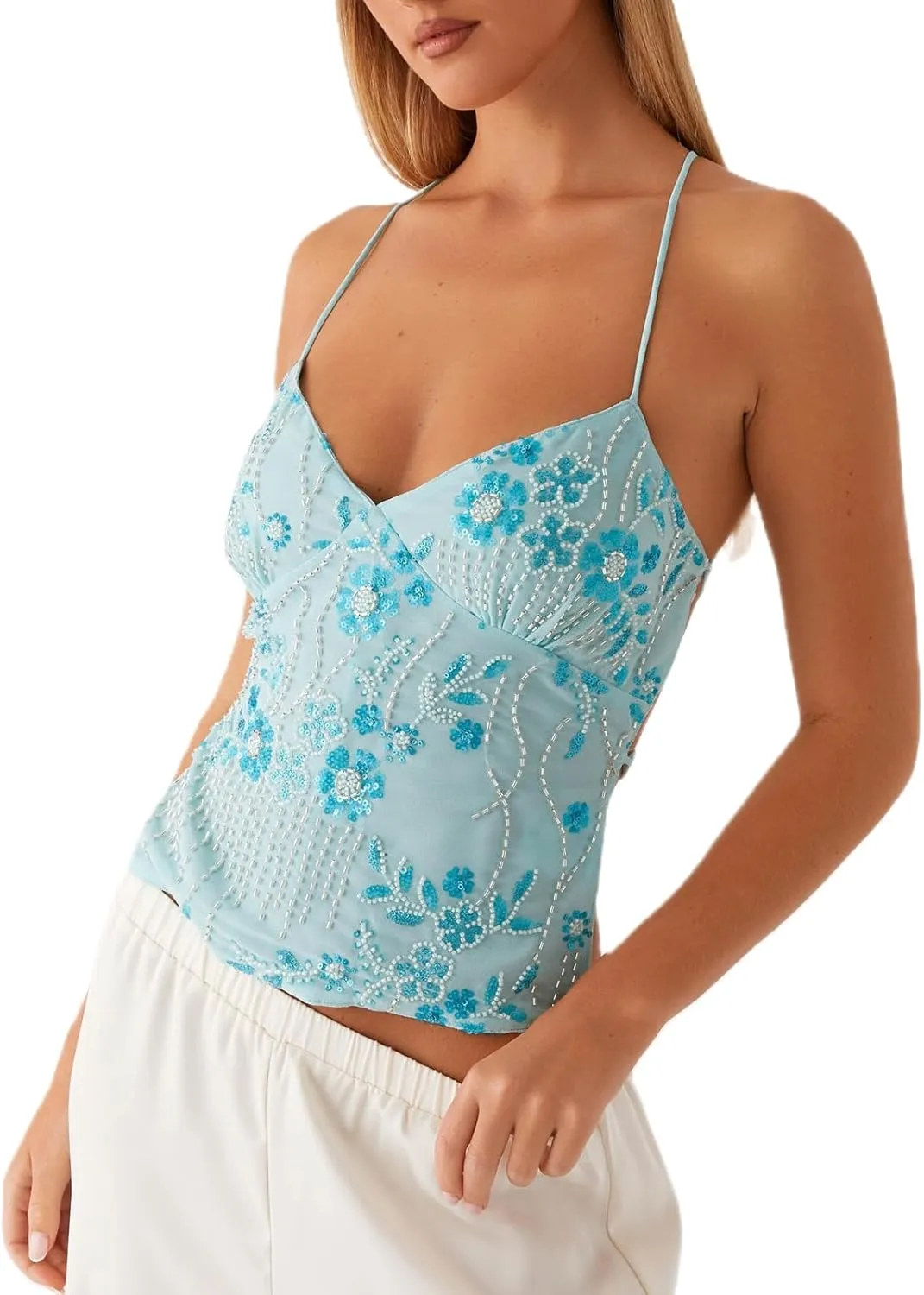 Womens Sequin Sparkle Halter Crop Tops Sexy Pearl Embellished Cami Tank Tops Y2k Bling Glitter Rhinestone Camisole