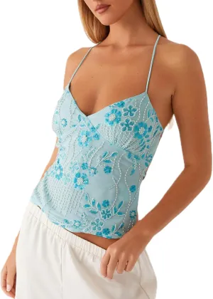 Womens Sequin Sparkle Halter Crop Tops Sexy Pearl Embellished Cami Tank Tops Y2k Bling Glitter Rhinestone Camisole