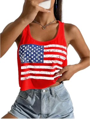 Women's Sexy American Flag Crop Tank 4th of July Patriotic Sleeveless Tee Tops