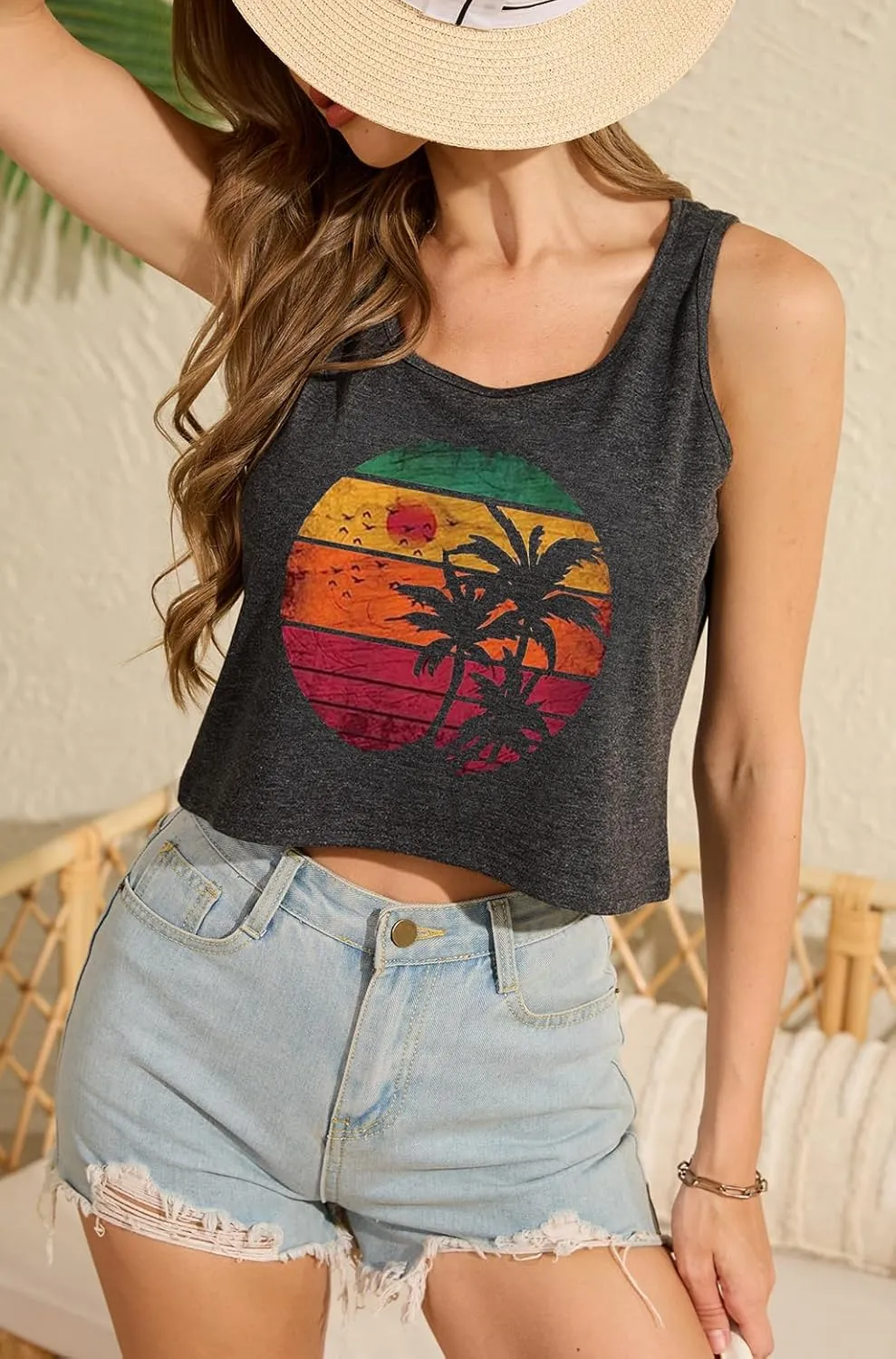 Women's Sexy Crop Tanks Cute USA Graphic Cropped Tank Tops for Teen Girls Casual Summer Sleeveless Tee Tops