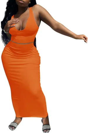 Womens Sexy Summer Scoop Neck Ribbed 2 Piece Outfits Dress Crop Tank Top Maxi Long Skirt Set Beach Party Dress