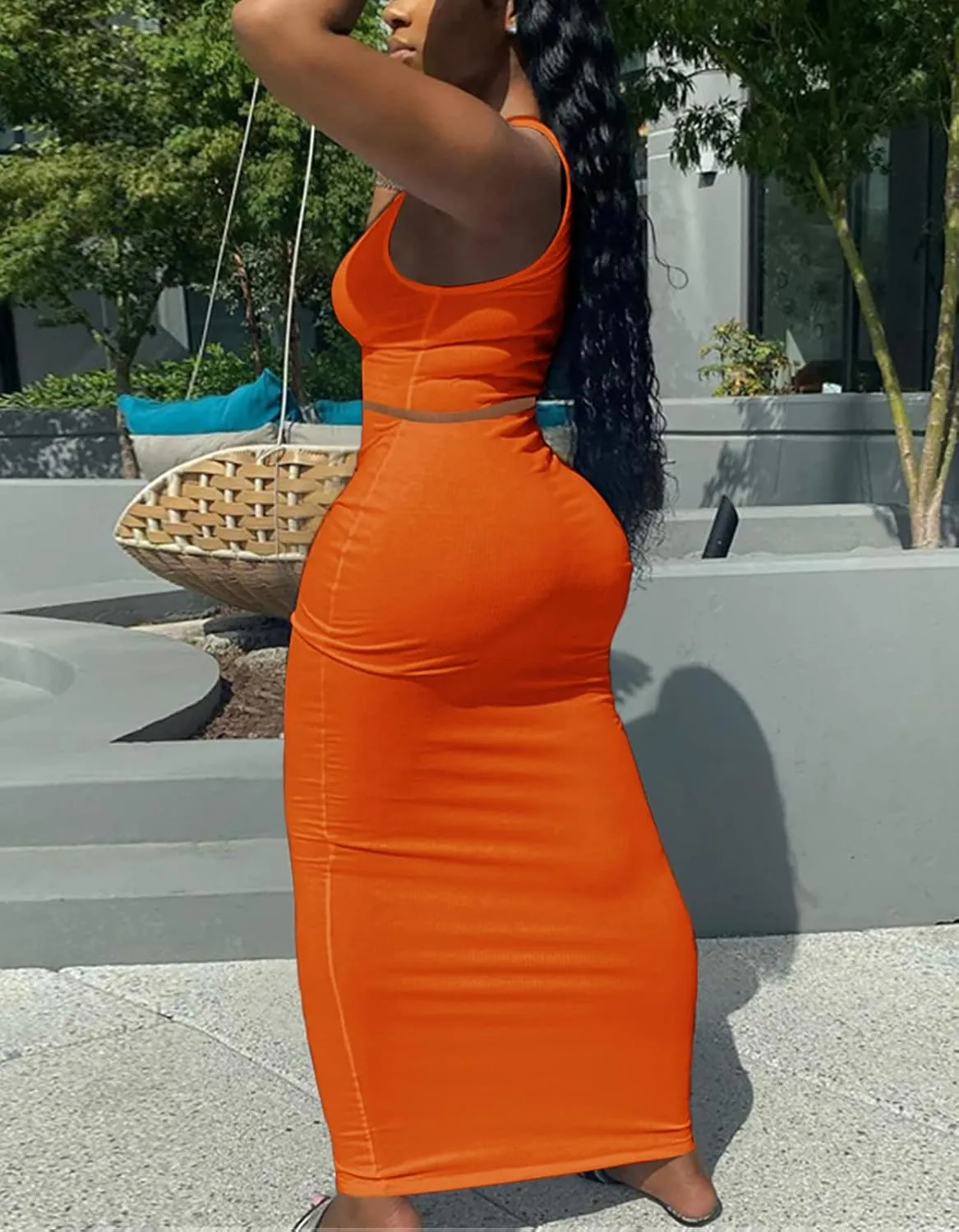 Womens Sexy Summer Scoop Neck Ribbed 2 Piece Outfits Dress Crop Tank Top Maxi Long Skirt Set Beach Party Dress