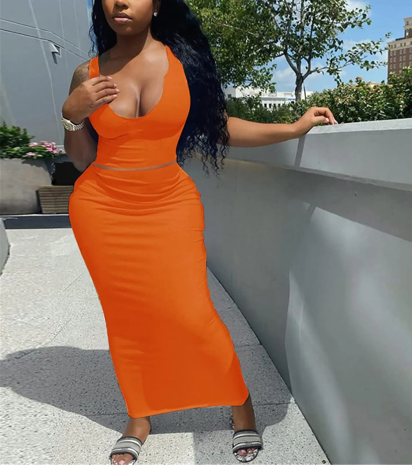 Womens Sexy Summer Scoop Neck Ribbed 2 Piece Outfits Dress Crop Tank Top Maxi Long Skirt Set Beach Party Dress