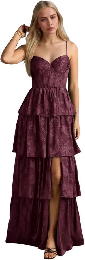 Women's Spaghetti Straps V-Neck Prom Dresses Long Tiered Ruffle Chiffon Formal Evening Gown with Slit NO144
