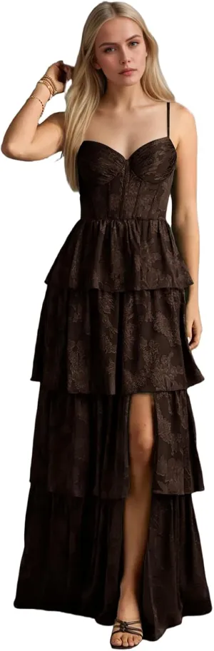 Women's Spaghetti Straps V-Neck Prom Dresses Long Tiered Ruffle Chiffon Formal Evening Gown with Slit NO144
