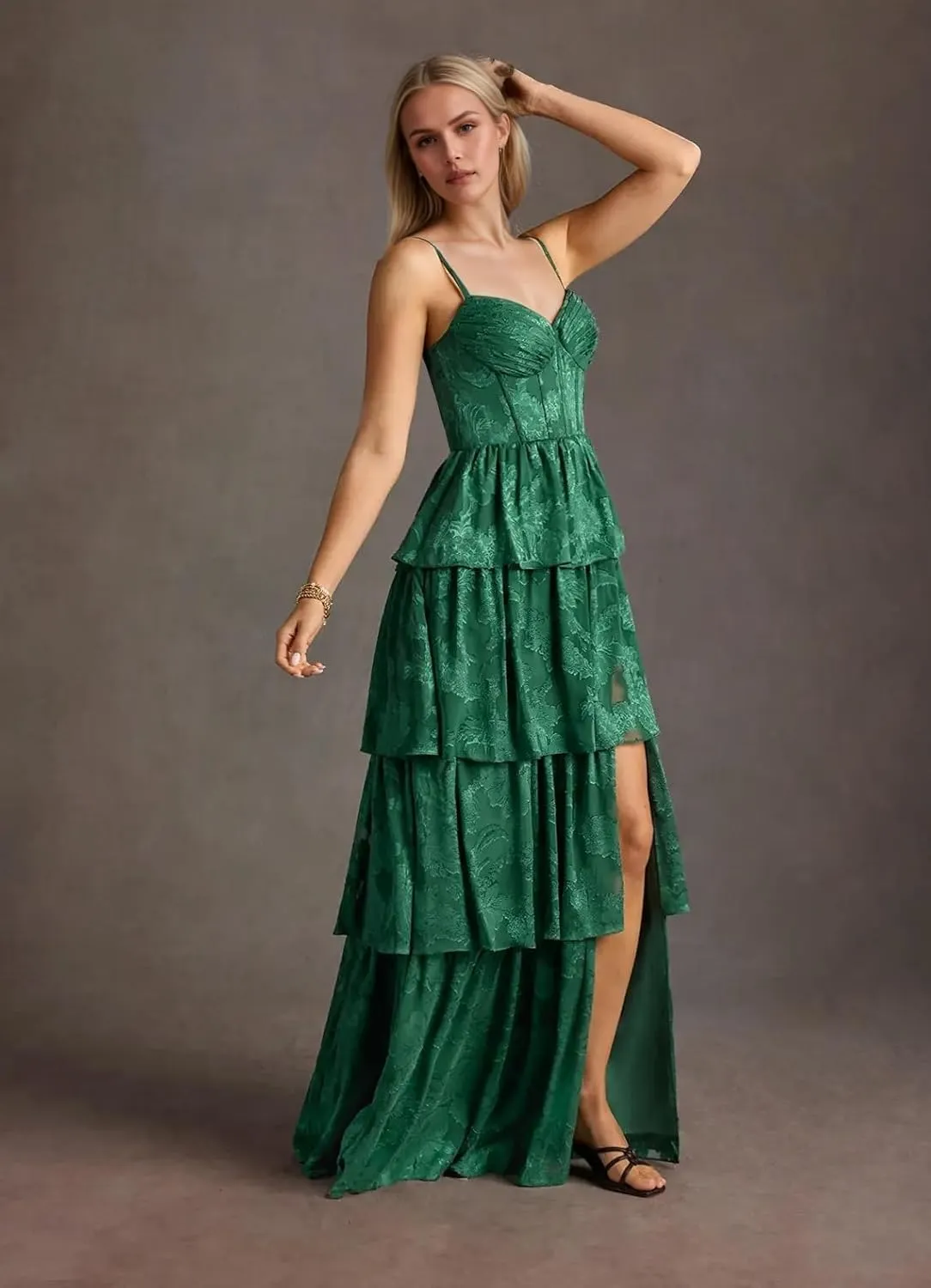 Women's Spaghetti Straps V-Neck Prom Dresses Long Tiered Ruffle Chiffon Formal Evening Gown with Slit NO144