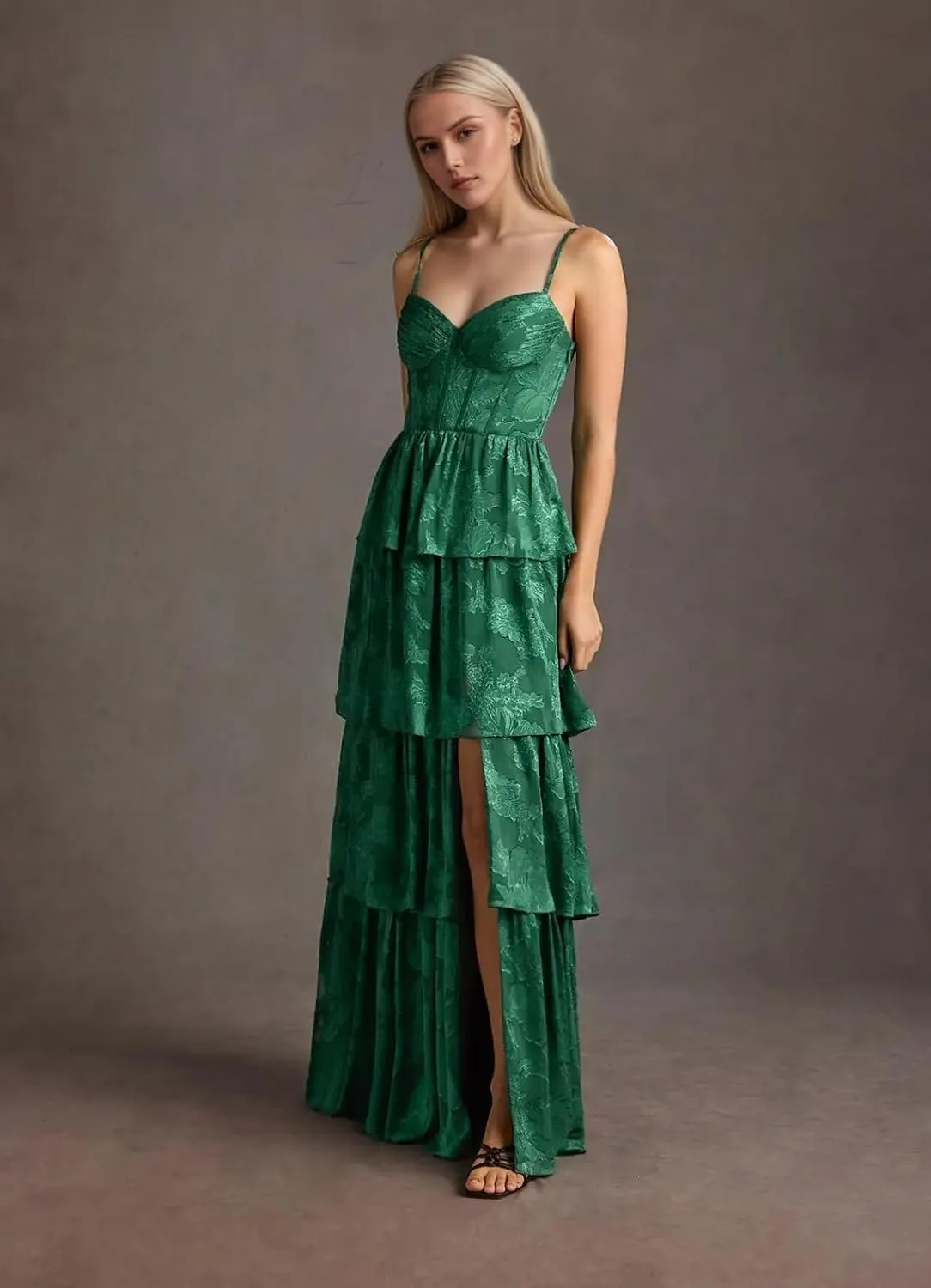 Women's Spaghetti Straps V-Neck Prom Dresses Long Tiered Ruffle Chiffon Formal Evening Gown with Slit NO144