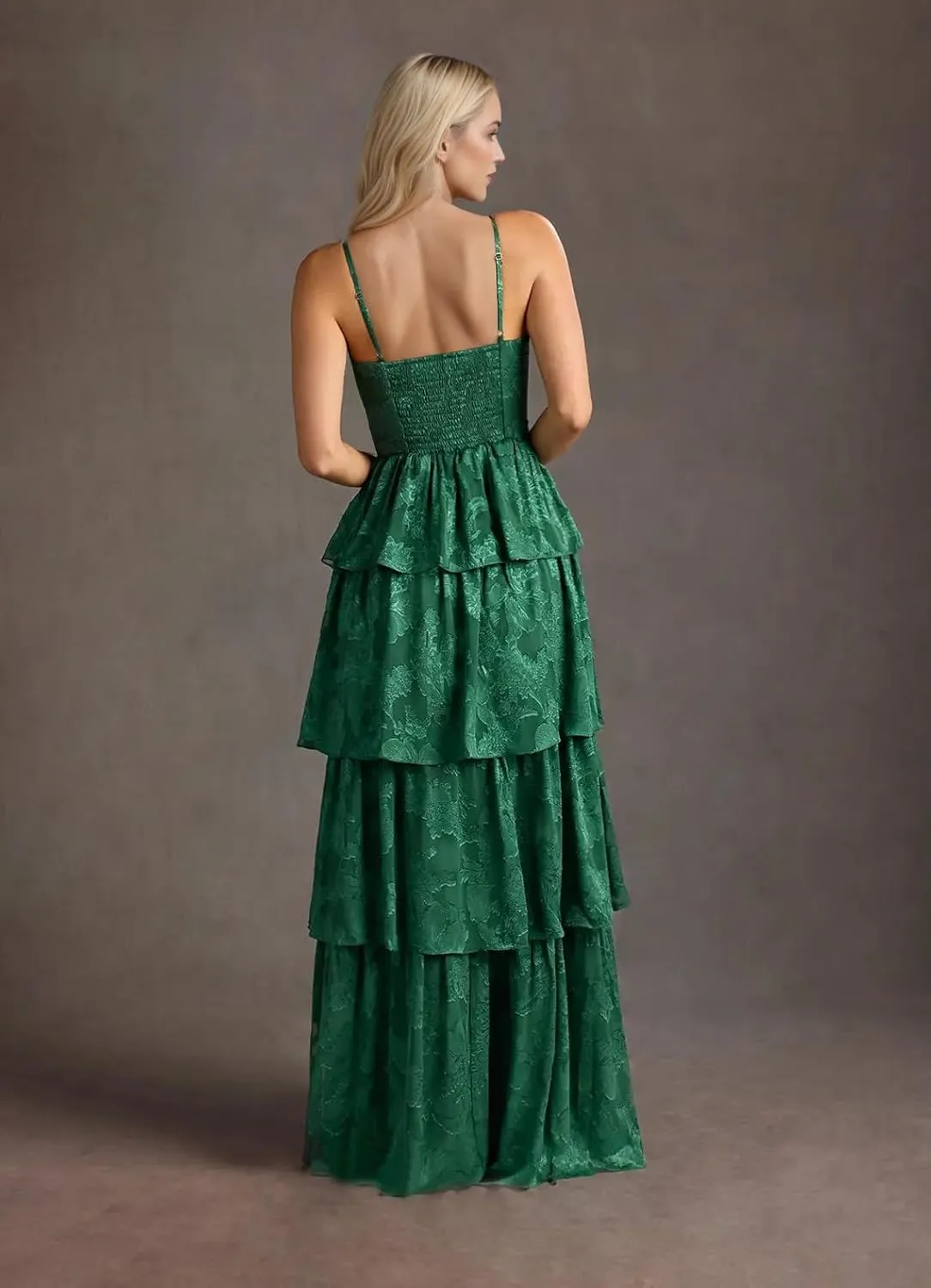 Women's Spaghetti Straps V-Neck Prom Dresses Long Tiered Ruffle Chiffon Formal Evening Gown with Slit NO144