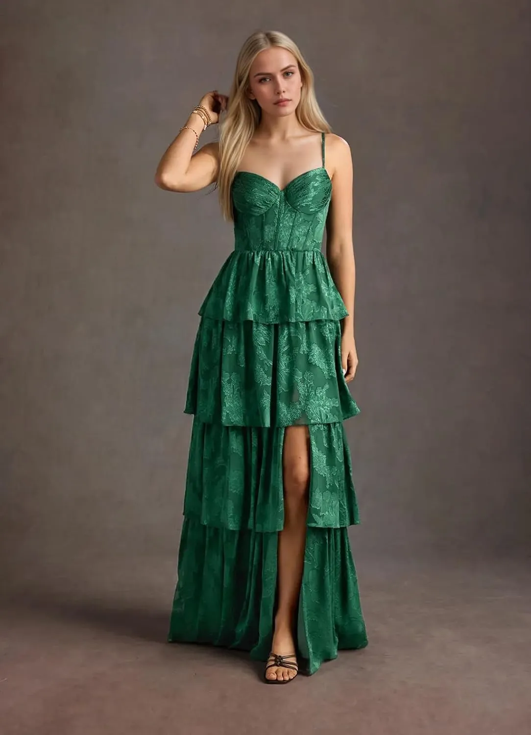 Women's Spaghetti Straps V-Neck Prom Dresses Long Tiered Ruffle Chiffon Formal Evening Gown with Slit NO144